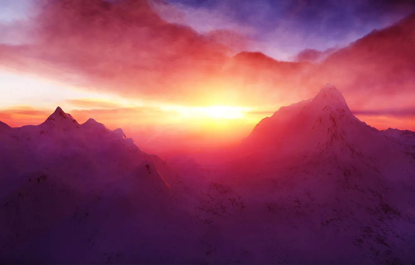 Photo wallpaper sunset, mountains, glow, dawn