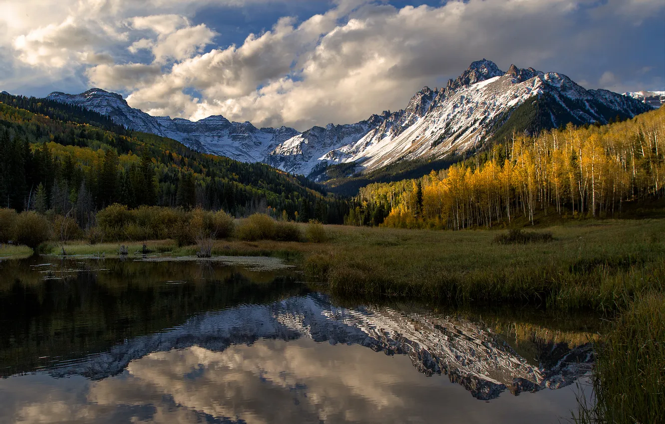 Photo wallpaper autumn, forest, clouds, snow, mountains, lake, reflection, shore
