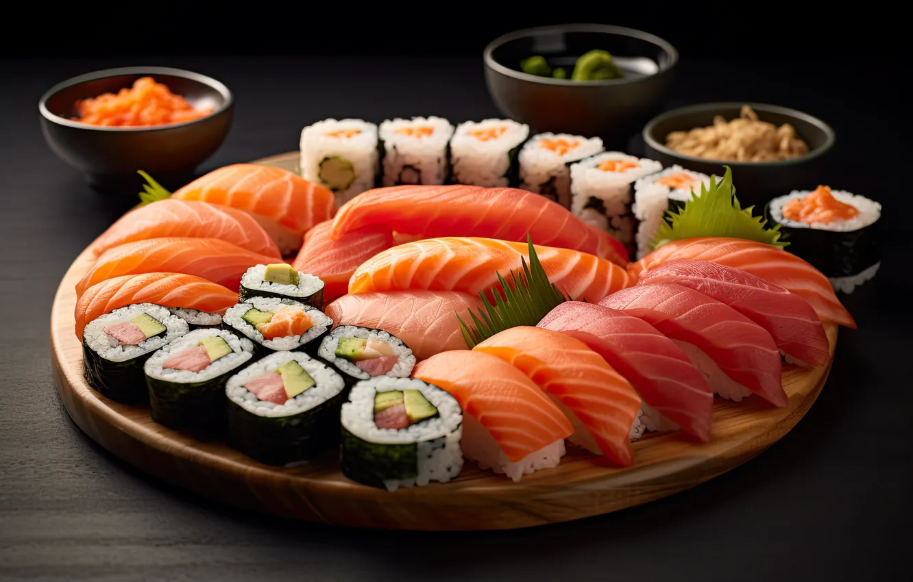 Photo wallpaper food, fish, sushi, rolls, AI art, fillet of fish, neural network