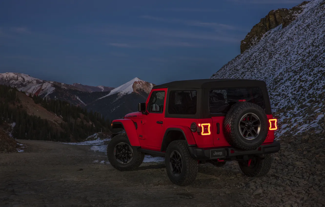 Photo wallpaper snow, mountains, red, the slopes, 2018, Jeep, Wrangler Rubicon