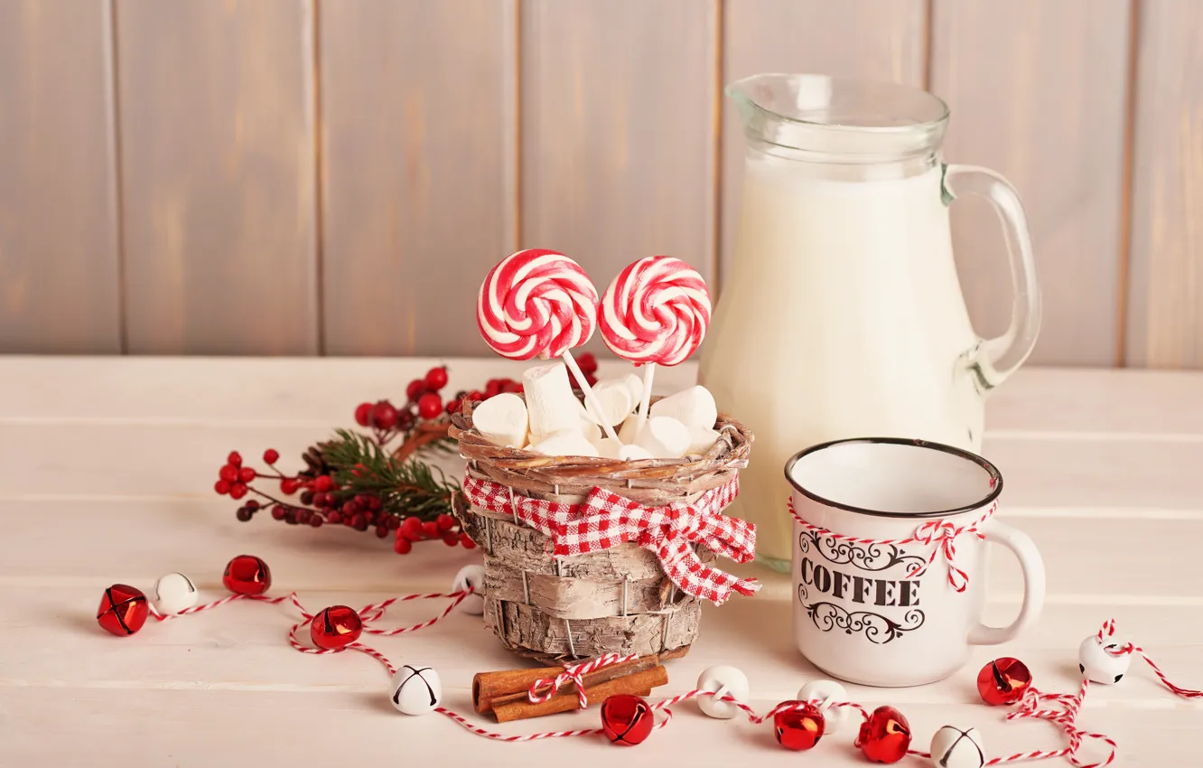 Photo wallpaper milk, Cup, pitcher, marshmallows, Yarovoy Aleksandr