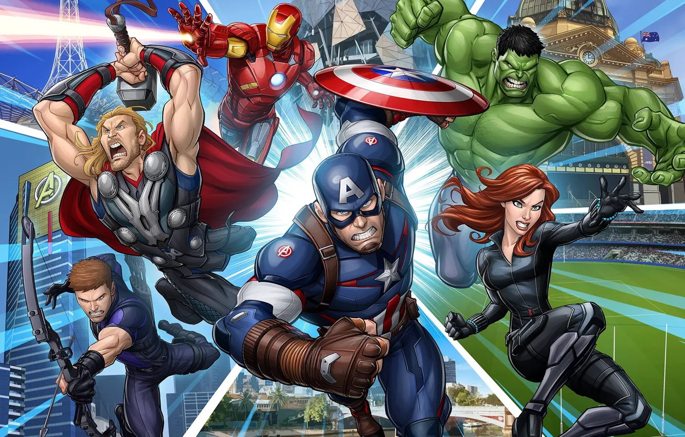 Photo wallpaper art, iron man, Hulk, Captain America, Thor, The Avengers, Black widow, Patrick Brown