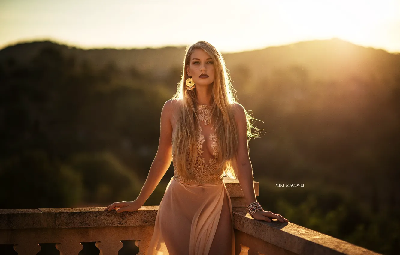 Photo wallpaper girl, twilight, dress, legs, photo, sunset, photographer, blue eyes