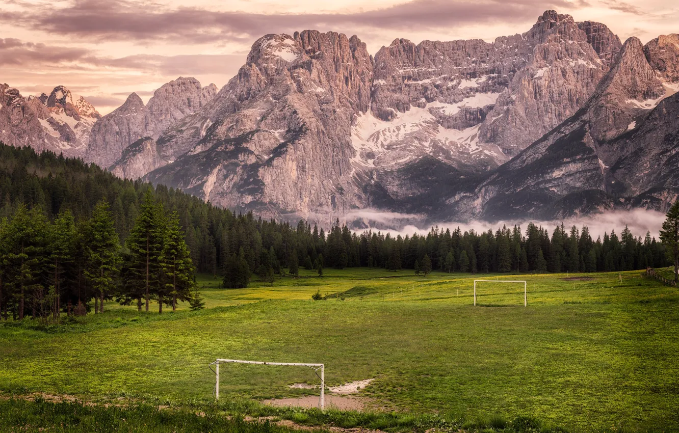 Photo wallpaper field, mountains, football, gate, stadium, Italia, Veneto, Misurina