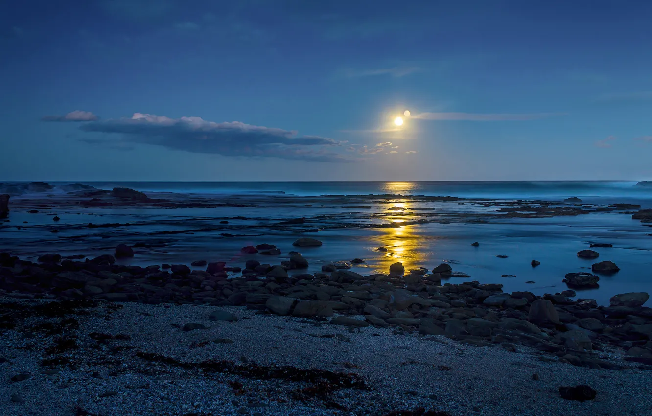 Photo wallpaper sand, sea, water, light, stones, the moon, shore, track