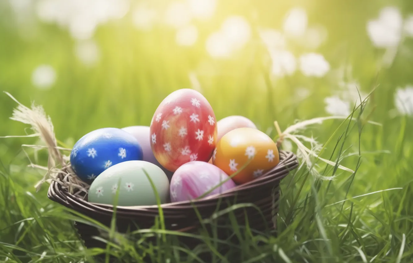 Photo wallpaper grass, eggs, Easter, basket, eggs