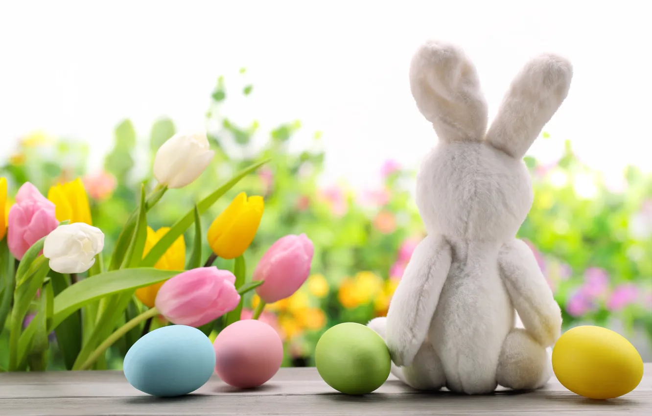 Photo wallpaper Flowers, Rabbit, Tulips, Easter, Eggs, Holidays