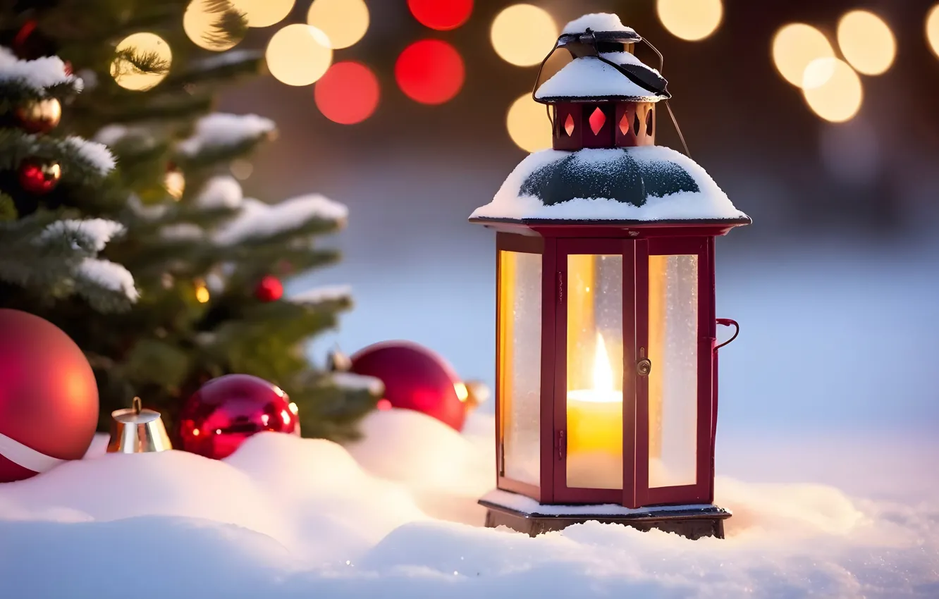 Photo wallpaper winter, balls, light, snow, lights, new year, candles, Christmas