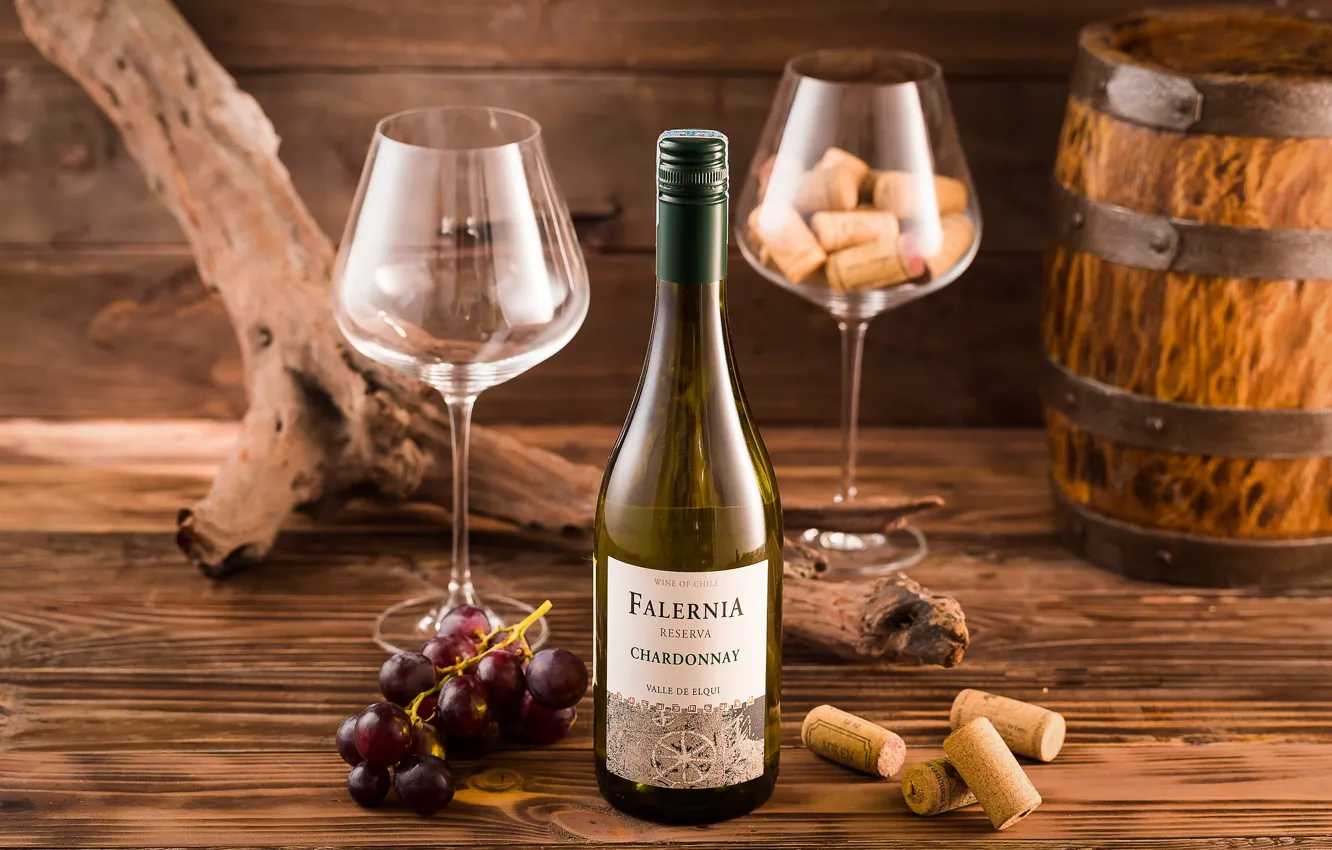 Photo wallpaper bottle, wine, grapes, barrel