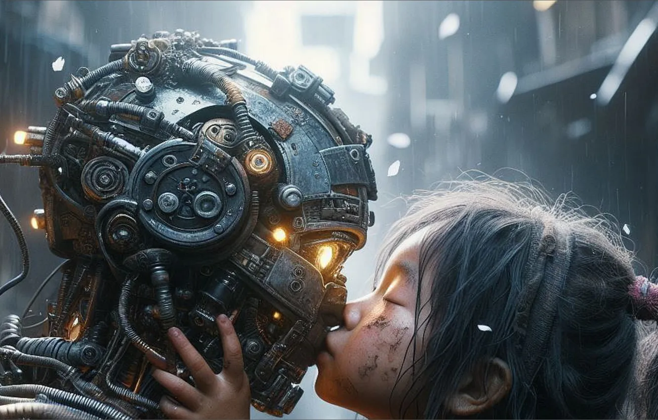 Photo wallpaper emotions, Asia, robot, kiss, pair, girl, fantasy, fantasy
