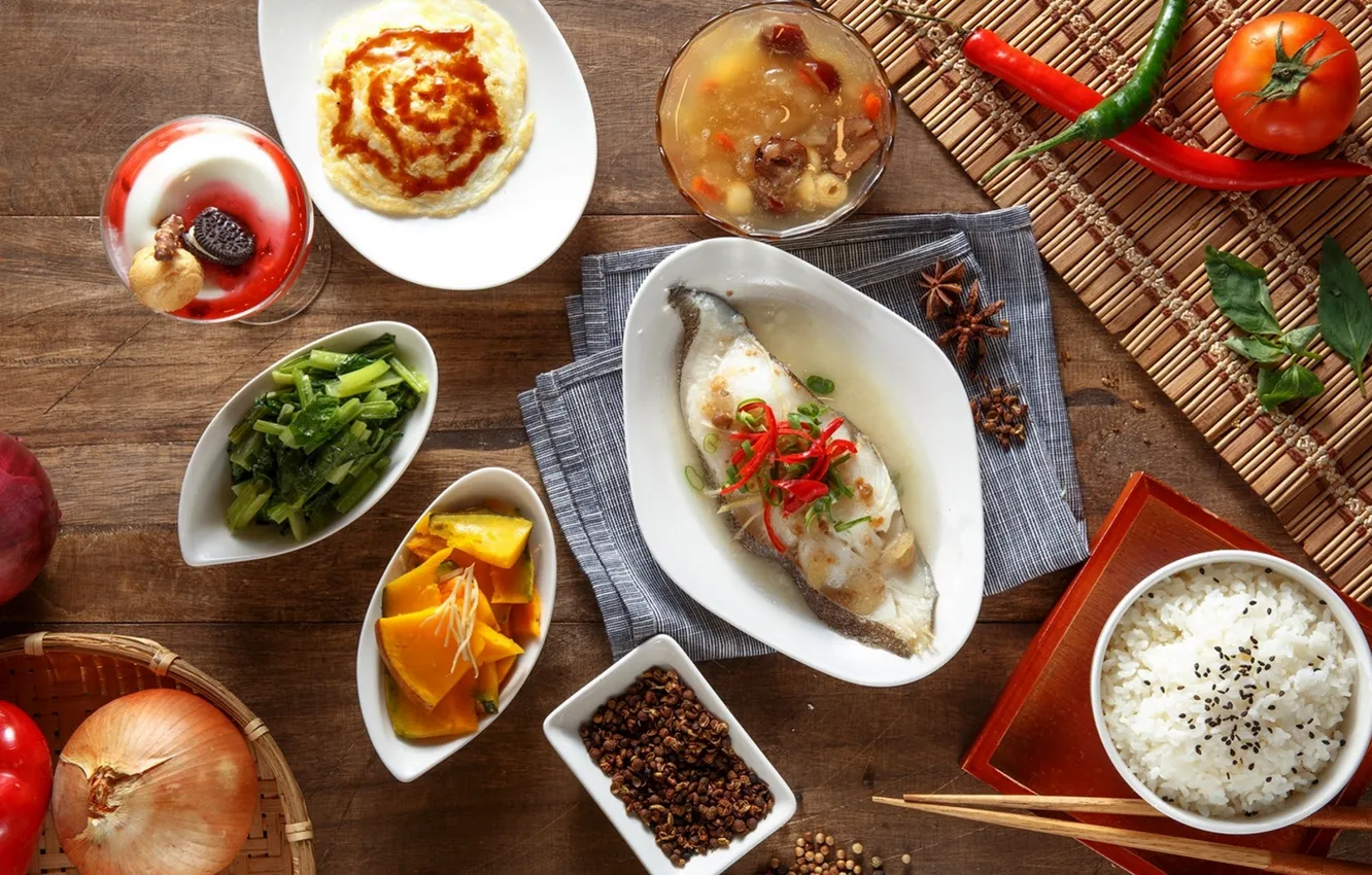 Photo wallpaper fish, figure, vegetables, sauce, dish, cuts