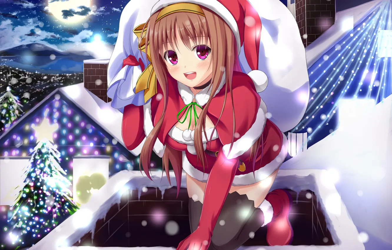 Photo wallpaper winter, roof, snow, night, lights, tree, new year, art