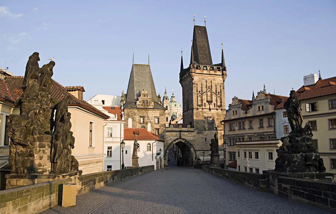 Photo wallpaper tower, home, morning, Prague, Czech Republic, Charles bridge