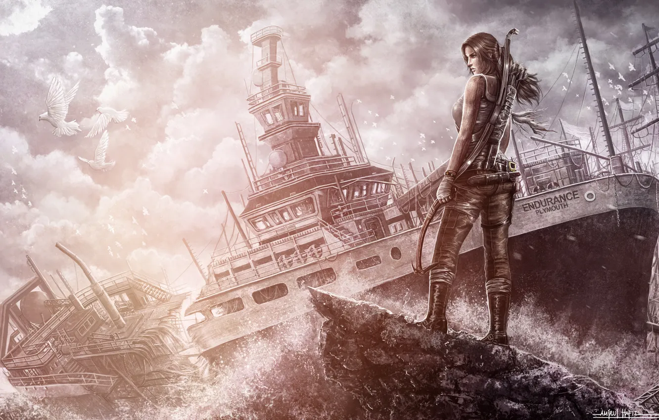 Photo wallpaper girl, bird, ship, Tomb Raider, Lara Croft, Tomb raider