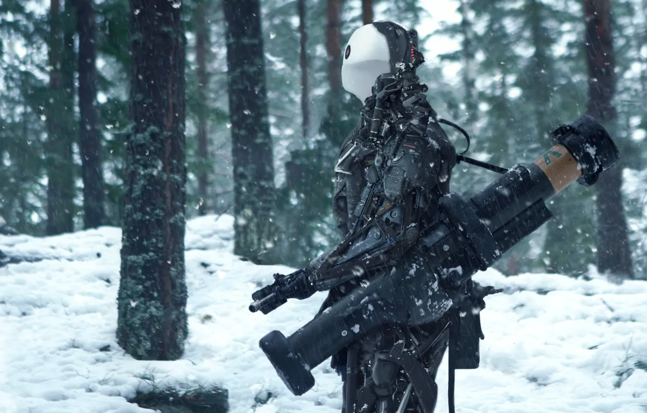 Photo wallpaper forest, snow, weapons, Bazooka, pancerfaust