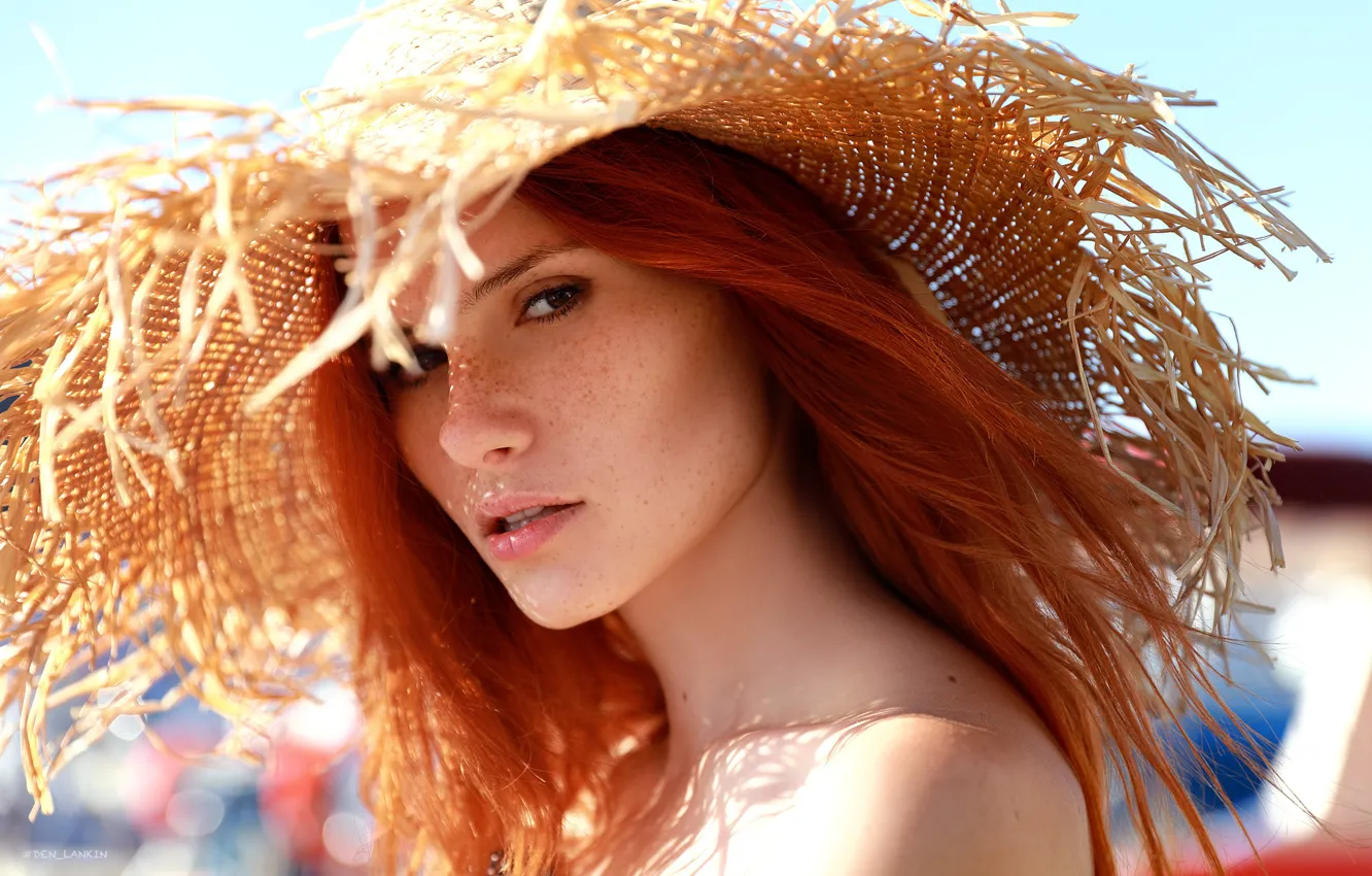 Photo wallpaper look, girl, face, portrait, hat, freckles, red, shoulders