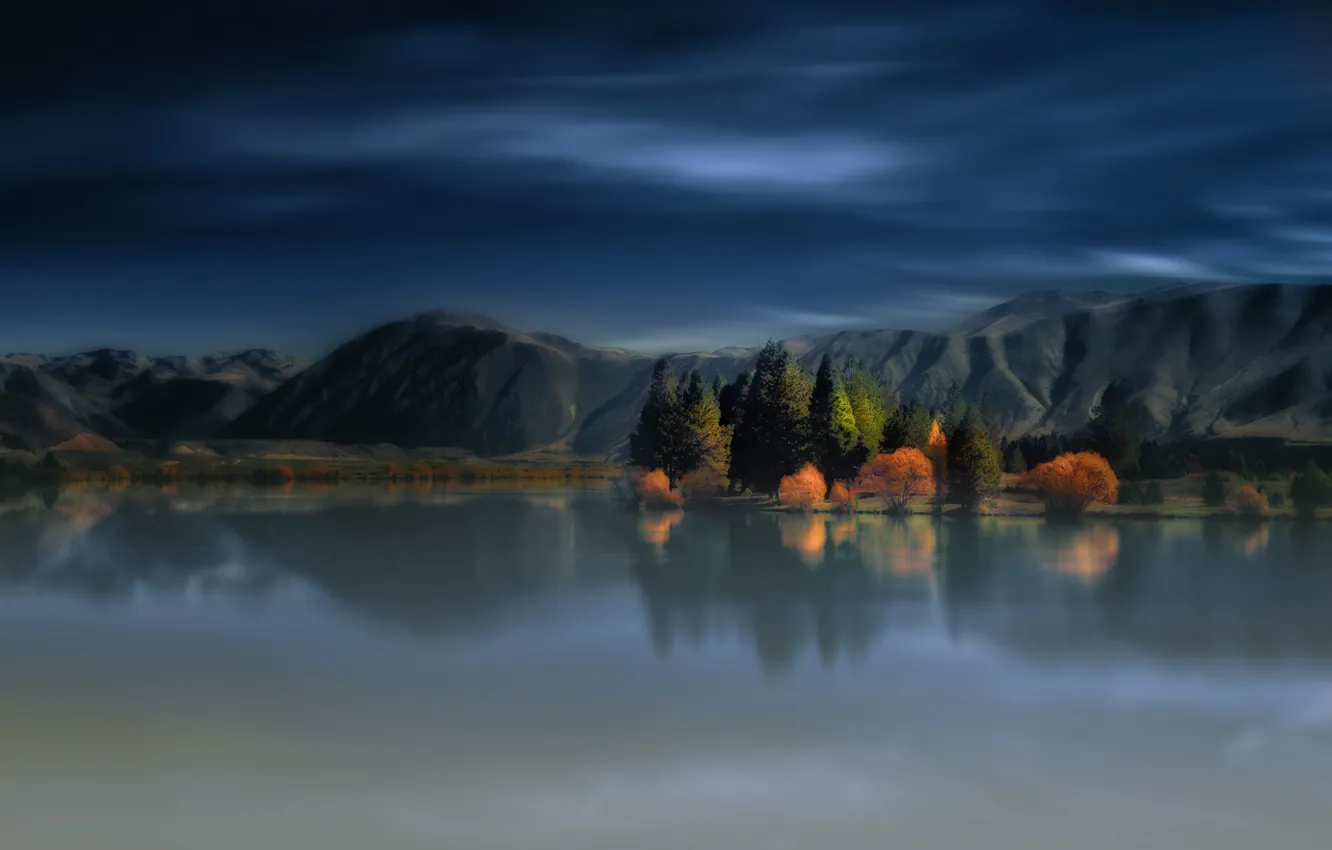 Photo wallpaper autumn, forest, clouds, trees, mountains, fog, lake, reflection