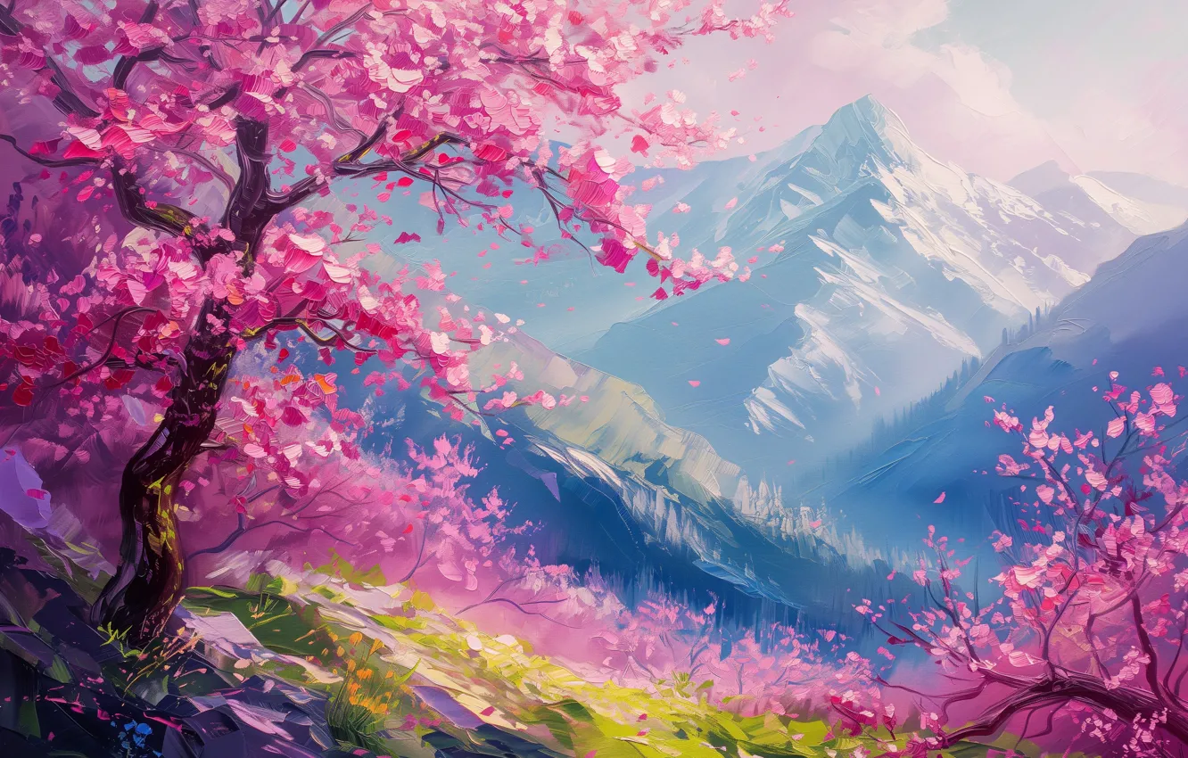 Photo wallpaper light, snow, trees, landscape, mountains, branches, nature, fog