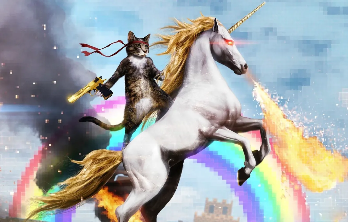 Photo wallpaper cat, gun, rainbow, unicorn, Kote, Rambo, Deagle