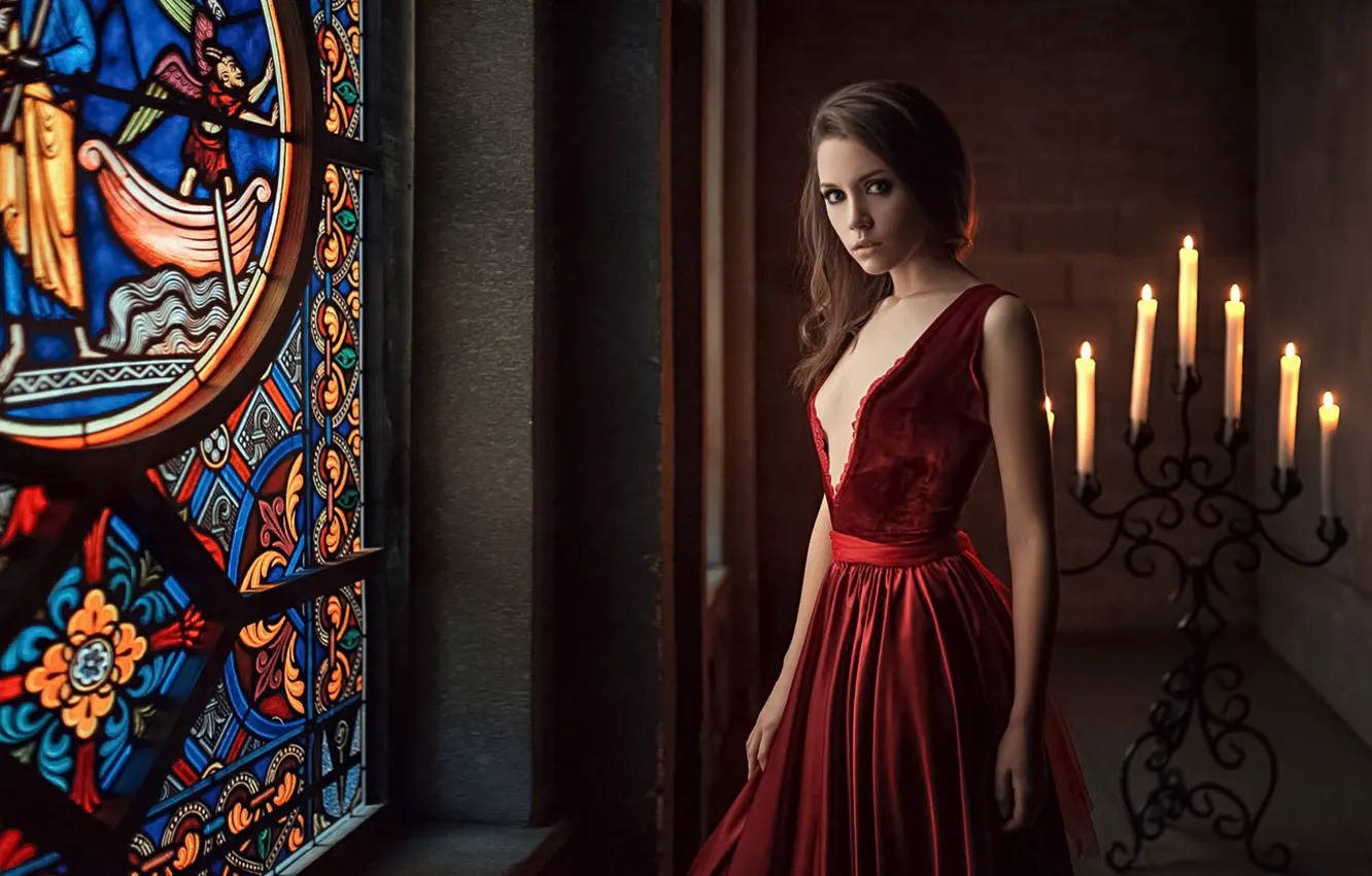 Photo wallpaper Girl, Look, Candles, Dress, Red, Beautiful, Kseniya Kokoreva