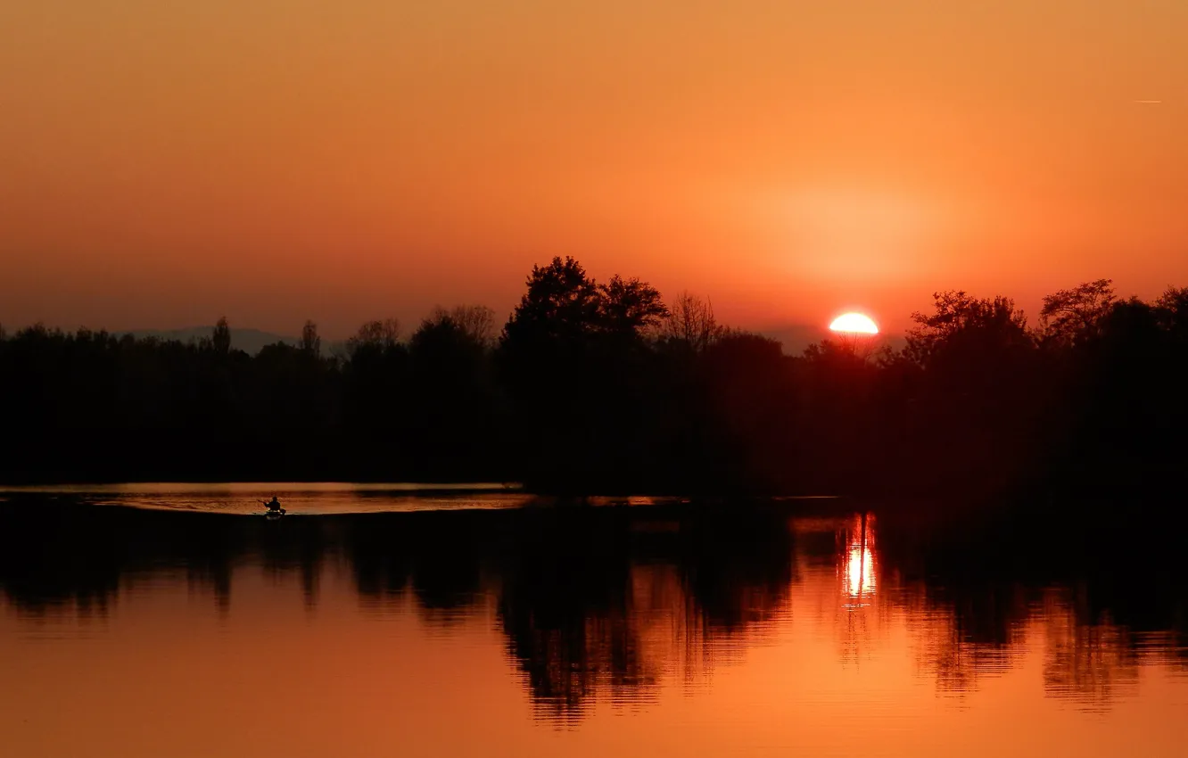 Photo wallpaper twilight, sunset, lake, dusk, Canoe