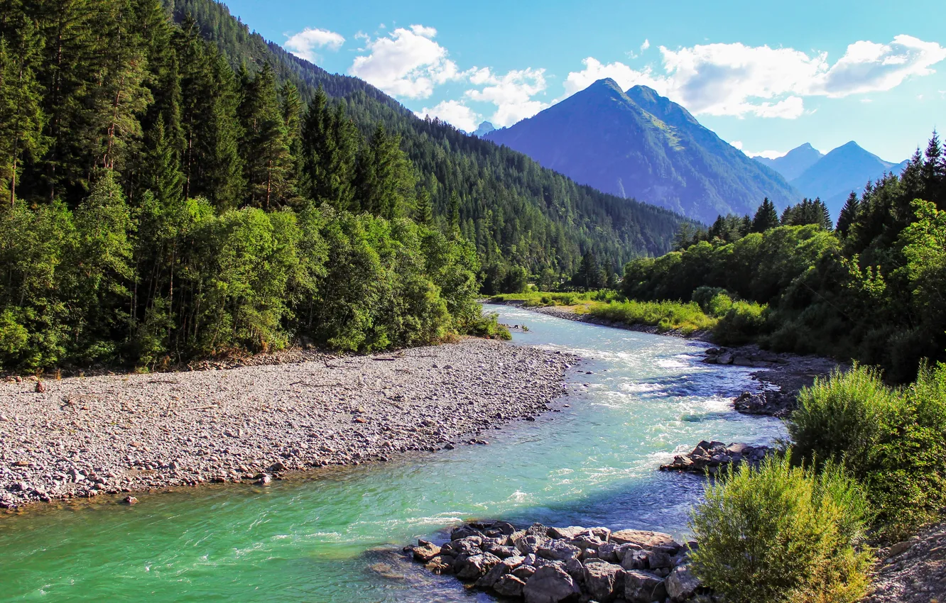 Photo wallpaper forest, the sky, clouds, landscape, mountains, nature, stones, plant