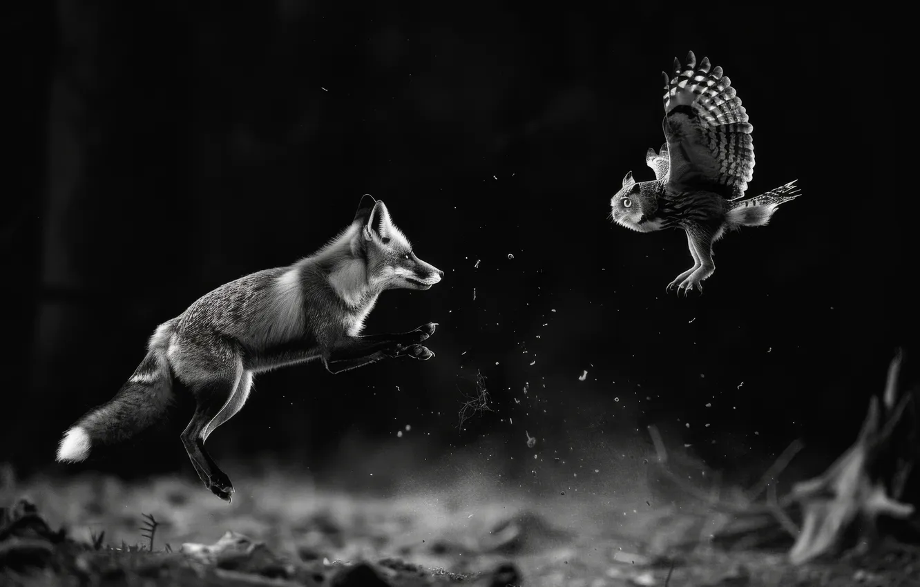 Photo wallpaper the dark background, owl, predator, Fox, black and white, two, digital art, AI art