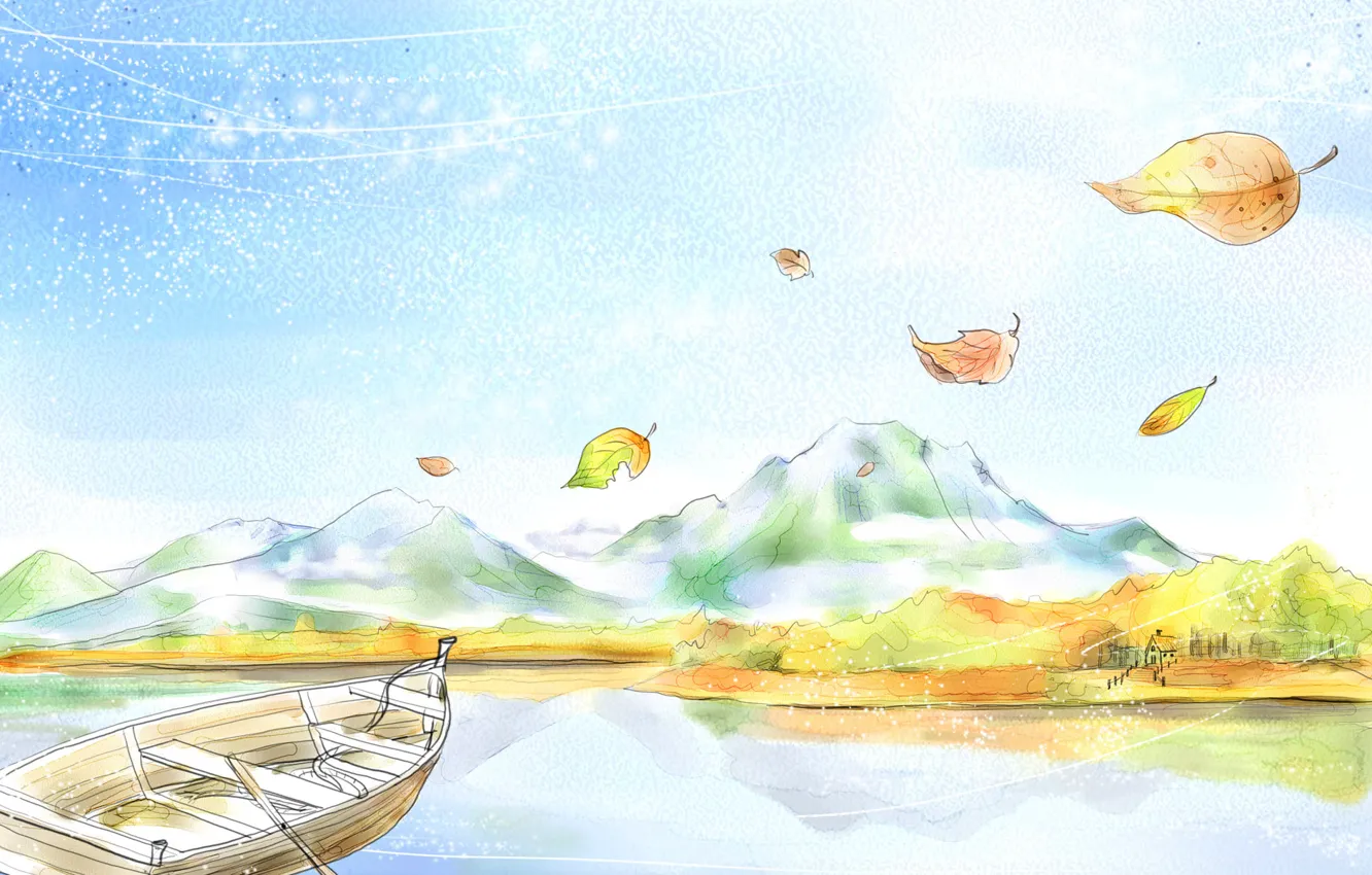 Photo wallpaper leaves, mountains, boat, figure