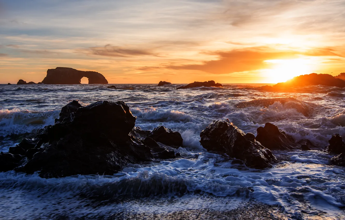 Photo wallpaper sea, sunset, shore