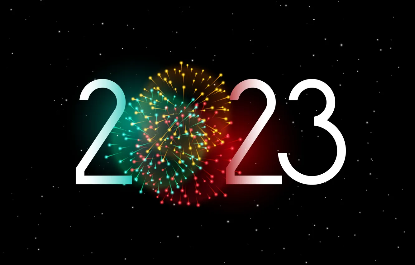 Photo wallpaper new year, salute, figures, fireworks, black background, date, 2023, New Year 2023