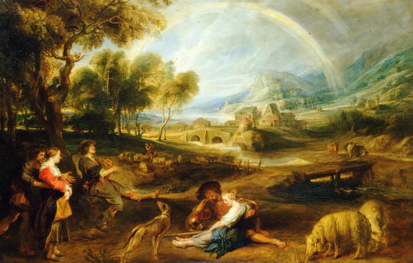 Photo wallpaper animals, people, picture, Peter Paul Rubens, Pieter Paul Rubens, Landscape with a Rainbow