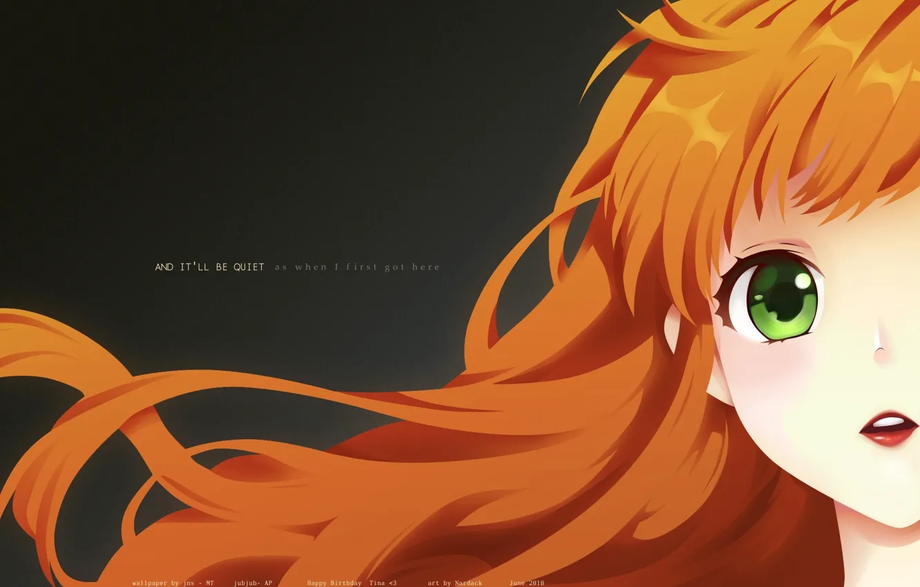 Photo wallpaper face, grey background, green eyes, bangs, redhead girl, by Nardack