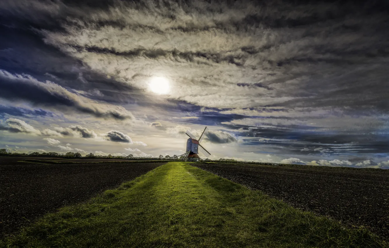 Photo wallpaper field, the sky, England, United Kingdom, cloud. the sun, windmill, Stevington