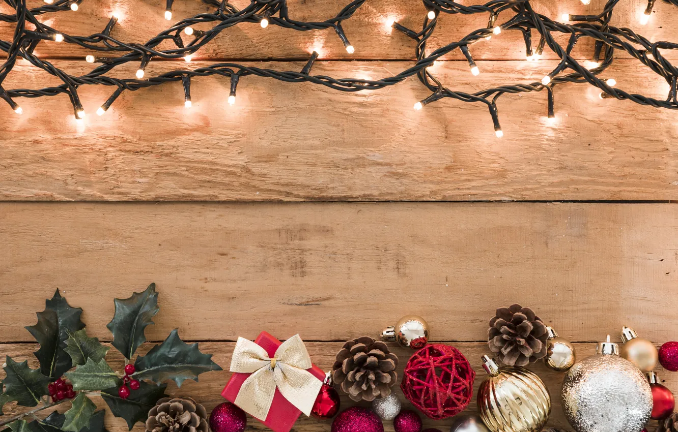 Photo wallpaper decoration, New Year, Christmas, gifts, garland, Christmas, wood, New Year