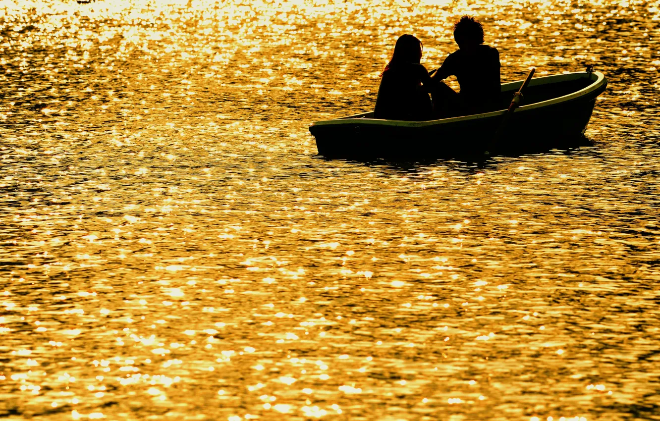 Photo wallpaper sunset, river, romance, boat, the evening, two