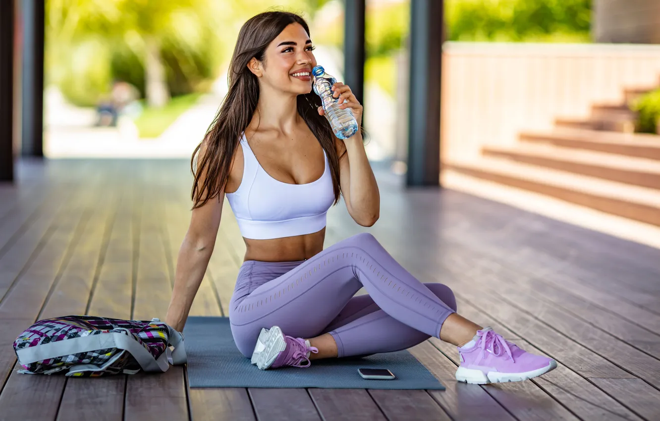 Photo wallpaper hat, water, morning, happiness, females, holding, jogging, healthy lifestyle