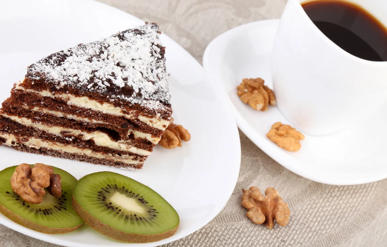 Photo wallpaper coffee, kiwi, cake, cake, nuts, cake, dessert, cakes