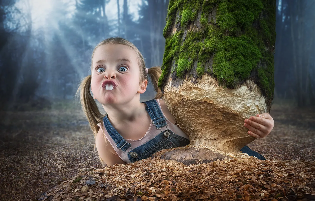 Photo wallpaper trees, teeth, girl