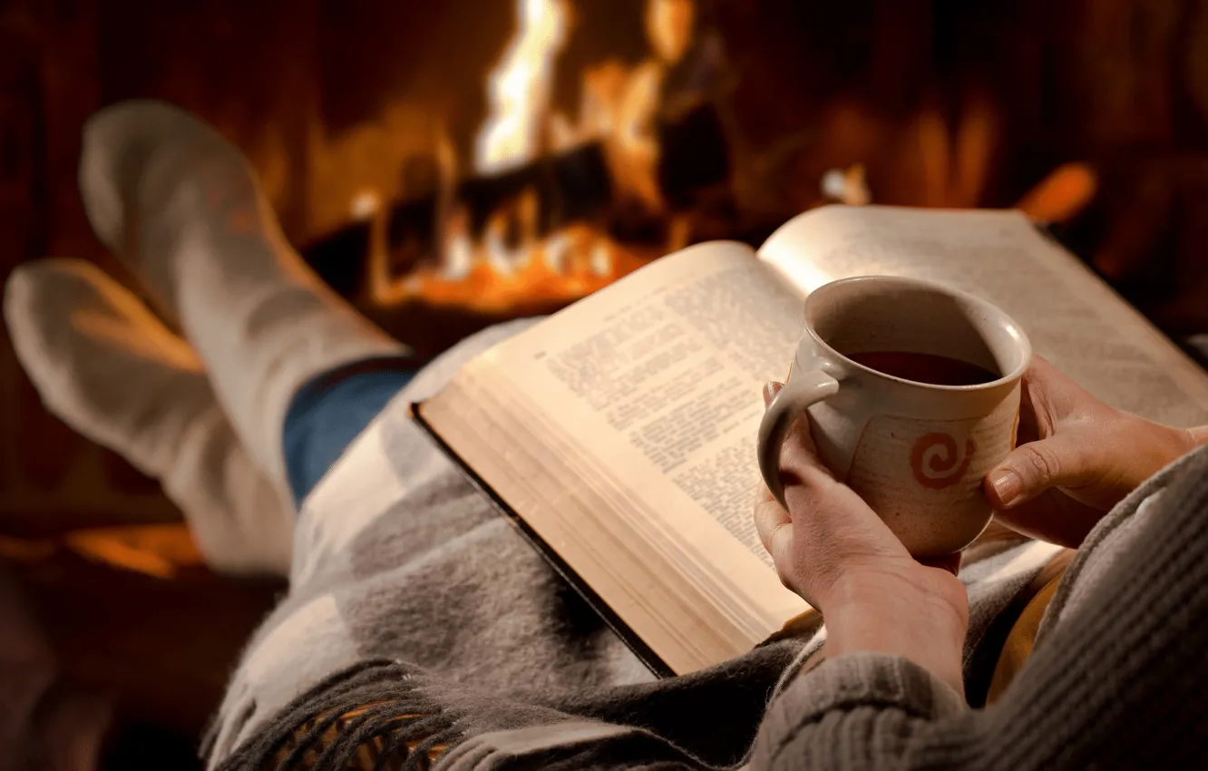 Photo wallpaper girl, heat, mood, tea, book, fireplace, plaid, cozy
