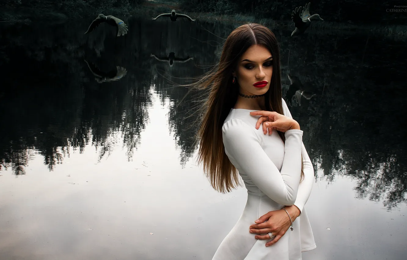 Photo wallpaper forest, water, girl, lake, Park, overcast, bird, hair