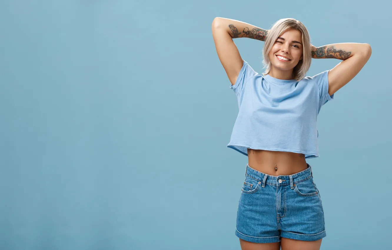 Photo wallpaper girl, shorts, pretty, tattoo, blonde, cute, adorable