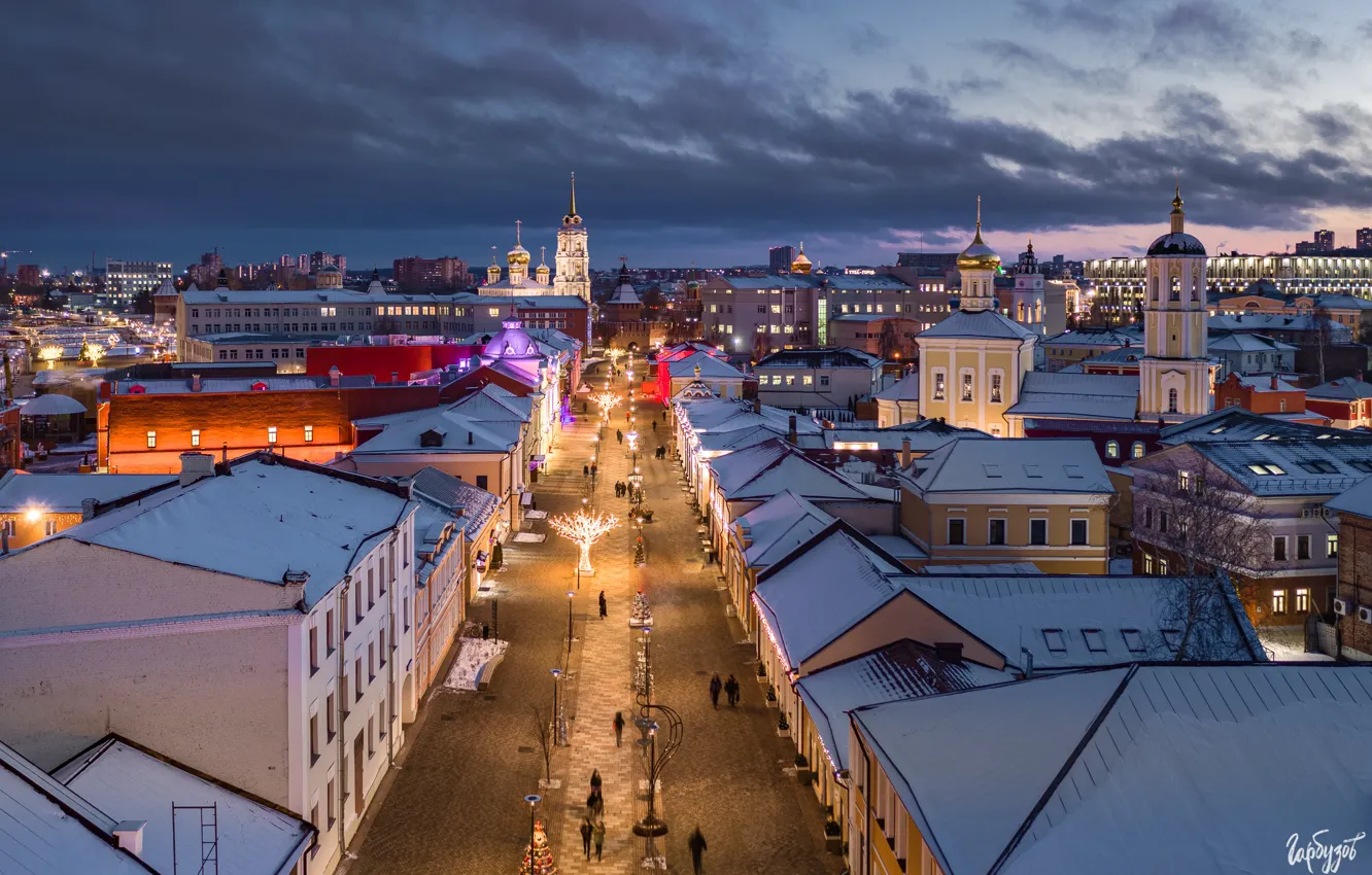Photo wallpaper winter, the city, street, building, home, the evening, lighting, Tula
