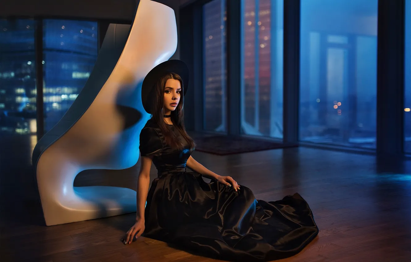 Photo wallpaper dress, hat, in black, brown-eyed, Maria Way