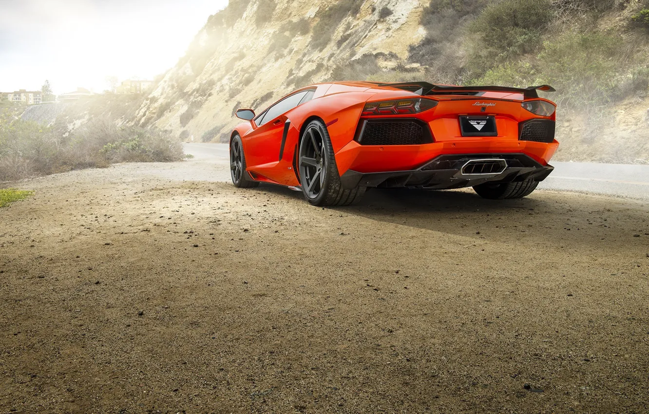 Photo wallpaper Lamborghini, Orange, Car, Sun, LP700-4, Aventador, Road, Rear
