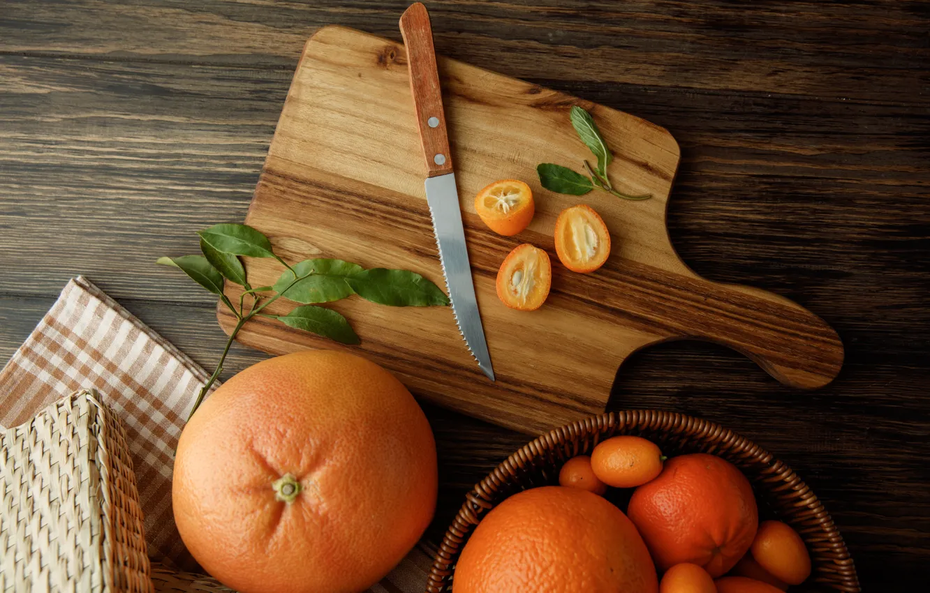 Photo wallpaper leaves, branches, orange, knife, citrus, network, different, halves