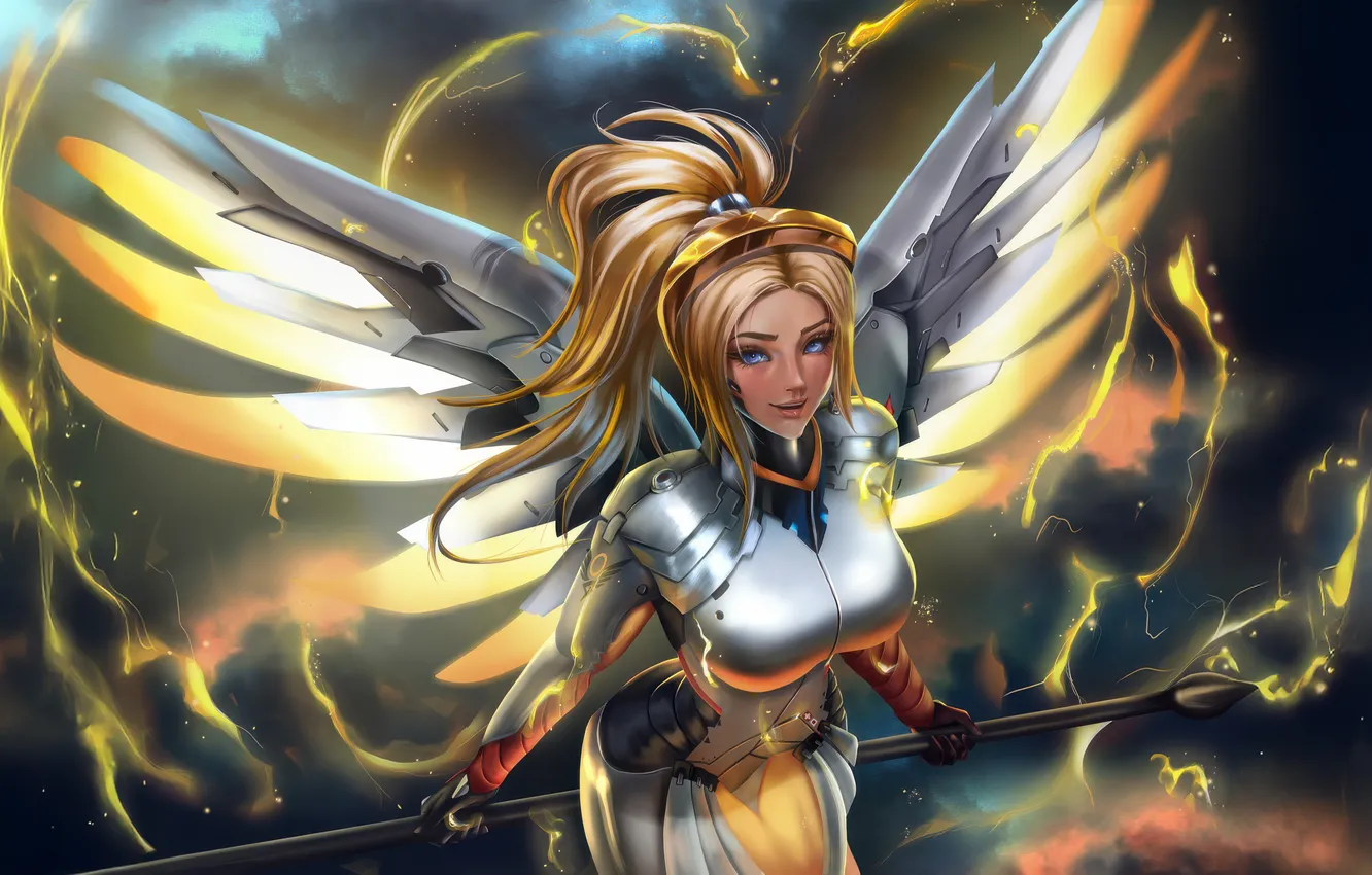 Photo wallpaper Overwatch, guardian, Mercy, Fearless