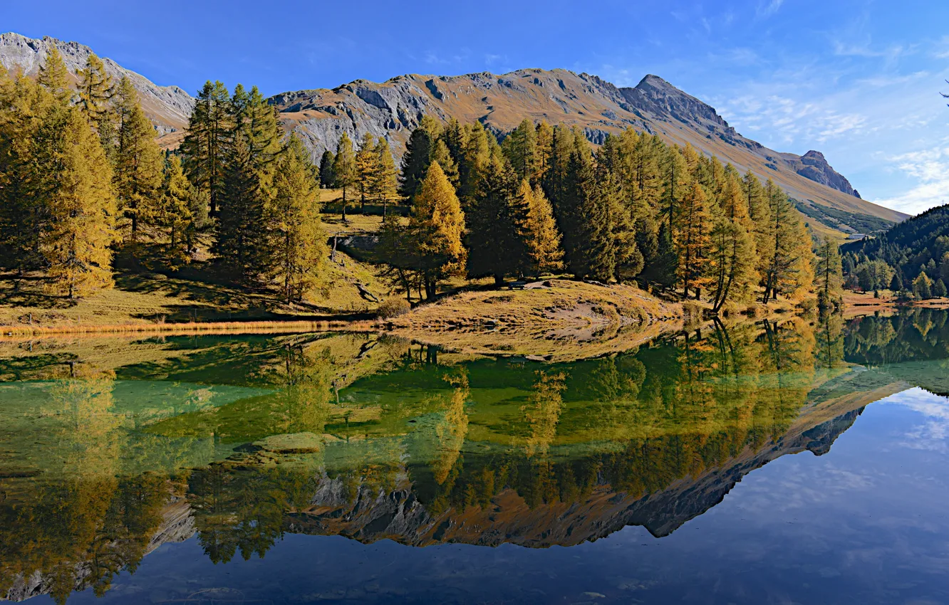 Photo wallpaper autumn, the sky, clouds, trees, mountains, lake, reflection