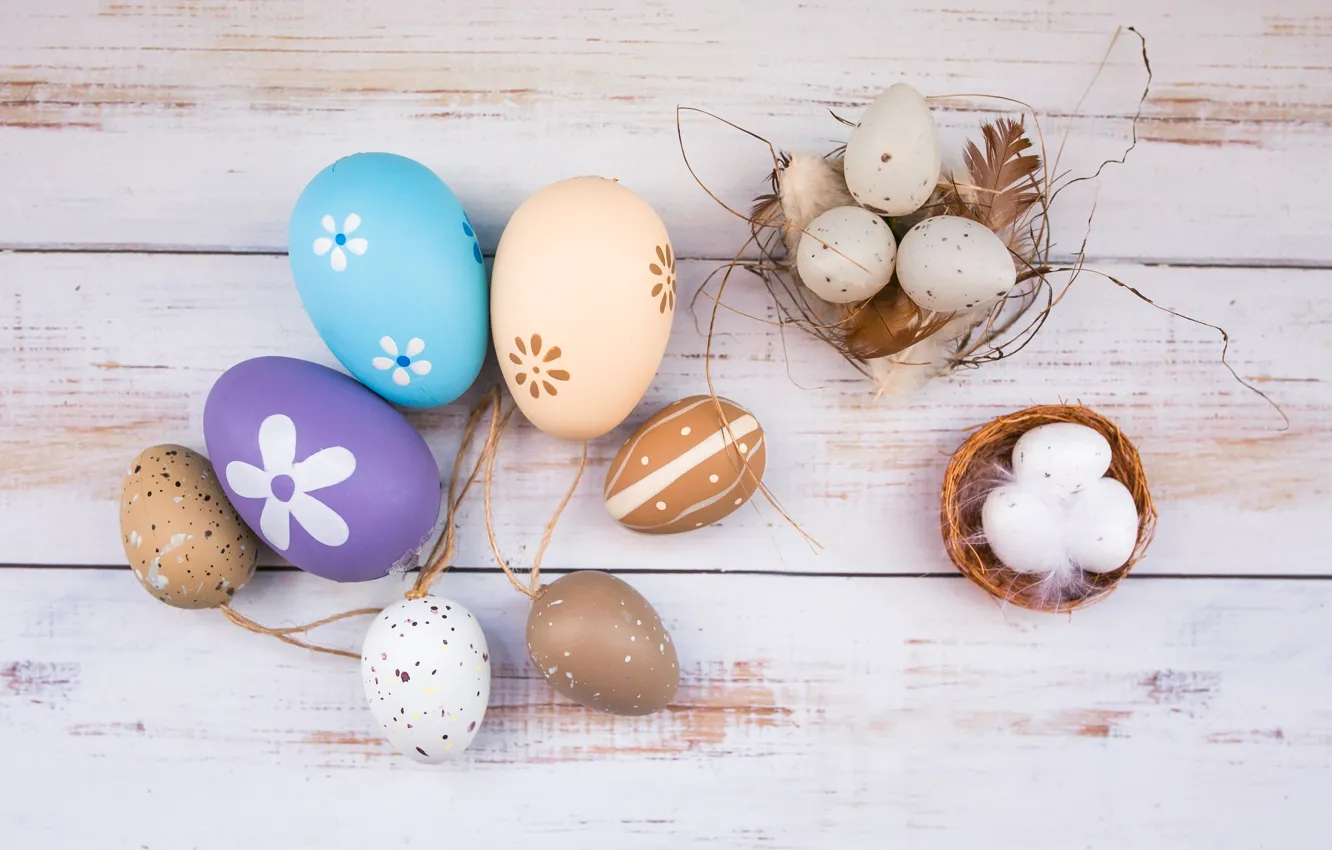 Photo wallpaper eggs, feathers, Easter, socket, Holiday, wooden background