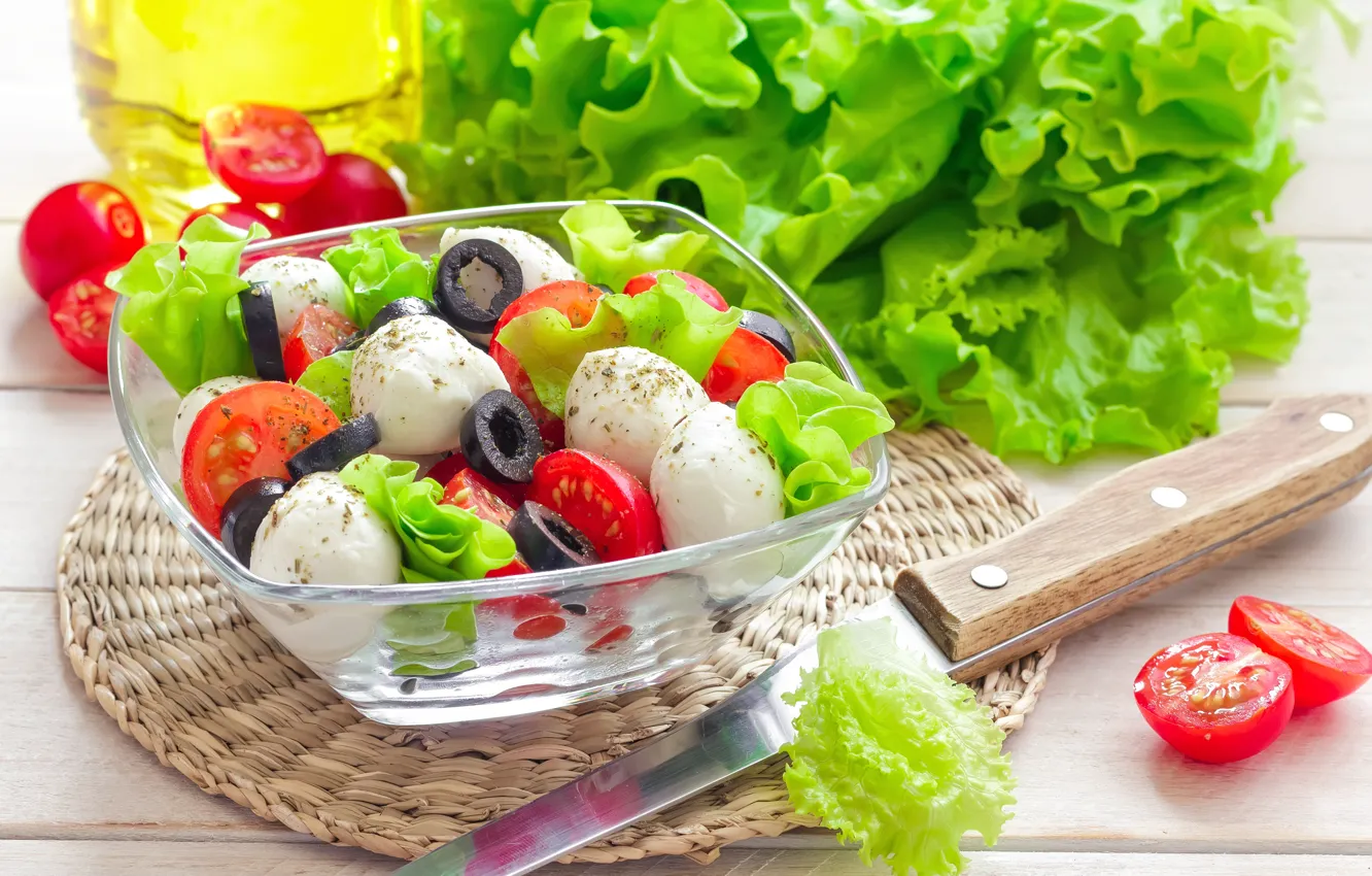 Photo wallpaper oil, cheese, knife, dishes, tomatoes, salad, olives, appetizer