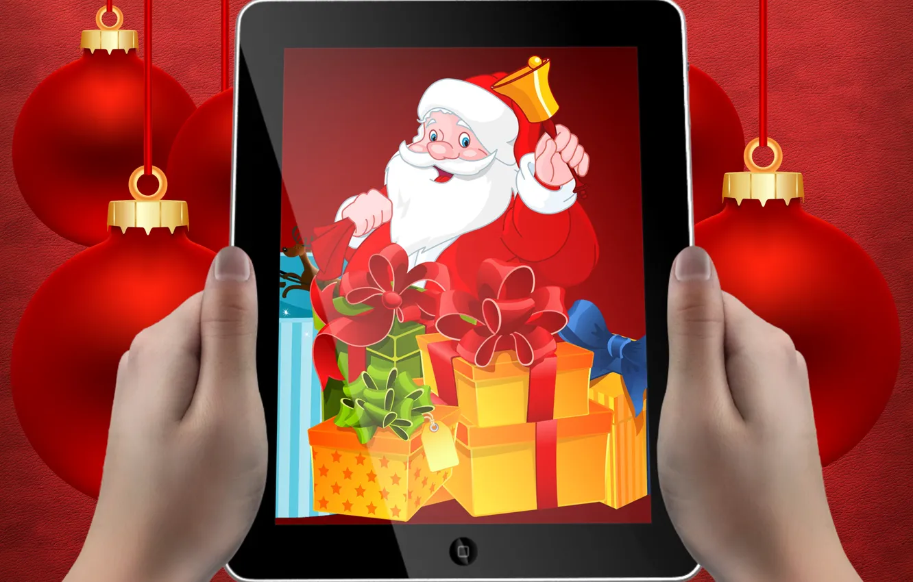 Photo wallpaper Christmas, Hands, New year, Holiday, Gifts, Santa Claus, Tablet, Christmas gifts for children